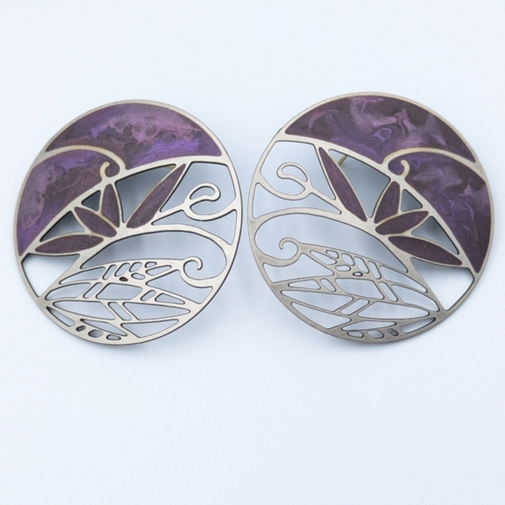 Vintage signed Berebi large cut out silver and purple round stud earrings